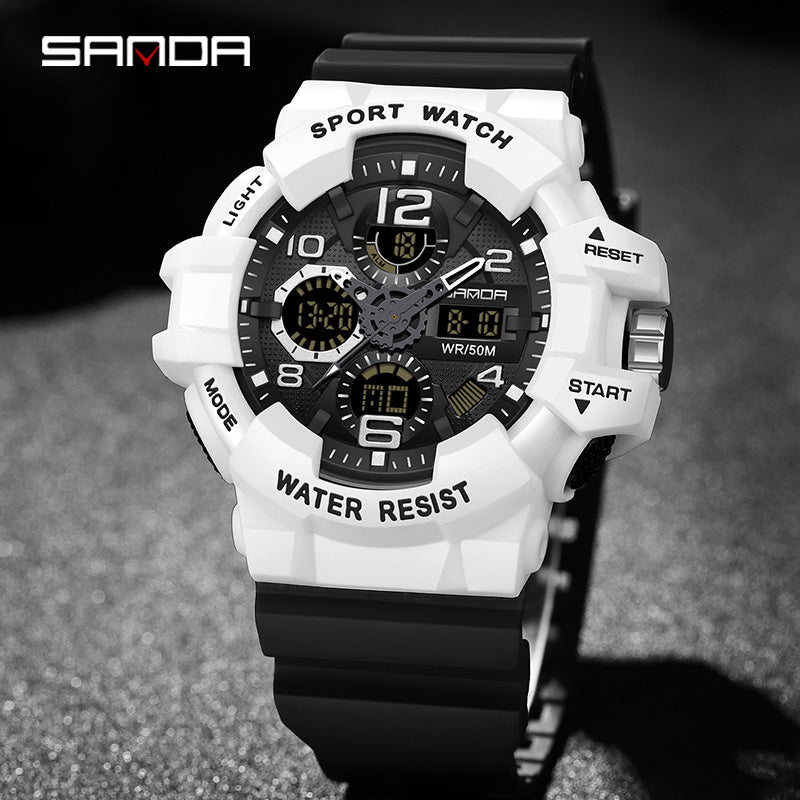 Black SANDA Men's Digital Sports Watch with Round Dial, 5ATM Water-Resistant, Shockproof, Electronic Movement, Silicone Strap, Powered by Button Battery.