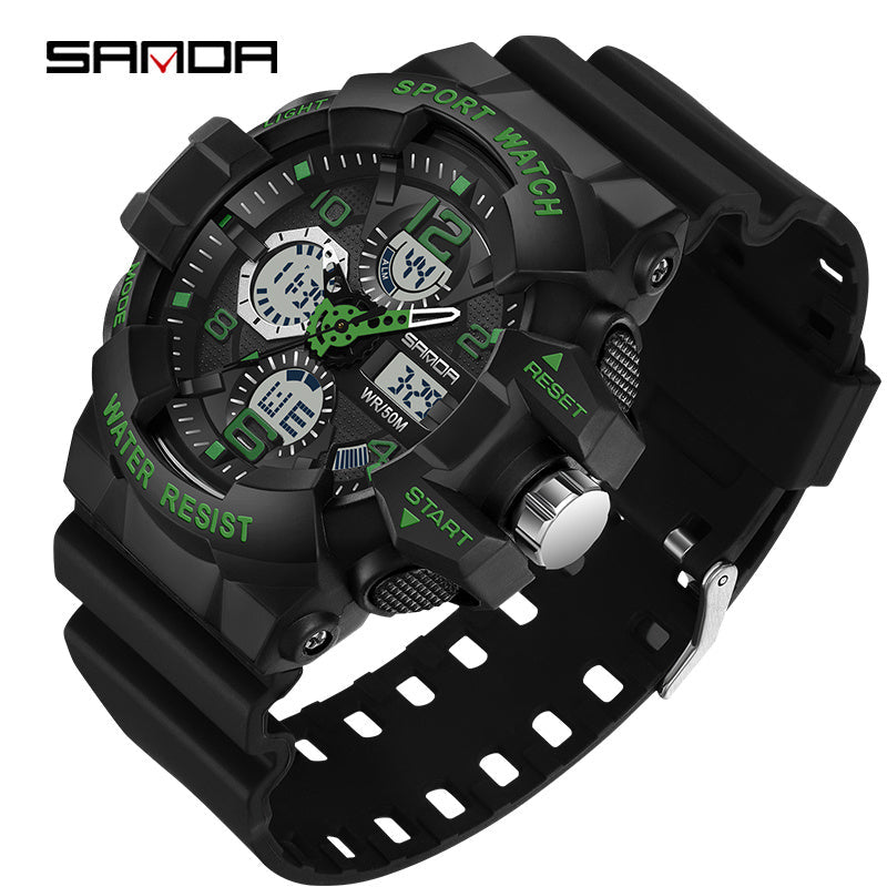 Black SANDA Men's Digital Sports Watch with Round Dial, 5ATM Water-Resistant, Shockproof, Electronic Movement, Silicone Strap, Powered by Button Battery.