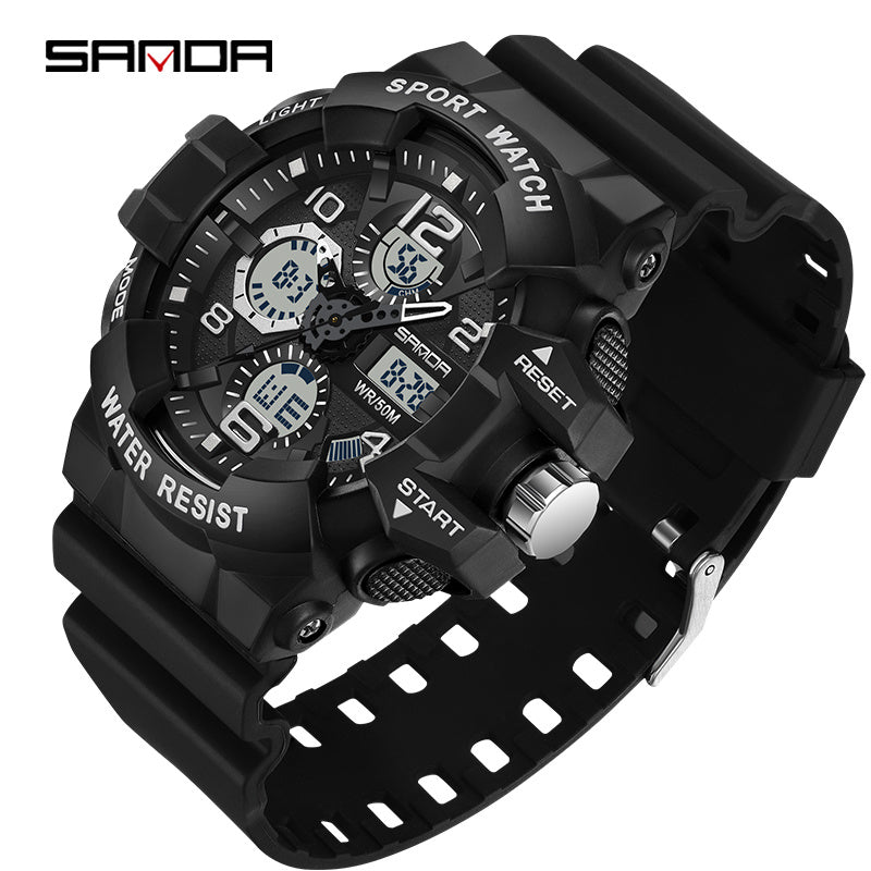 Black SANDA Men's Digital Sports Watch with Round Dial, 5ATM Water-Resistant, Shockproof, Electronic Movement, Silicone Strap, Powered by Button Battery.