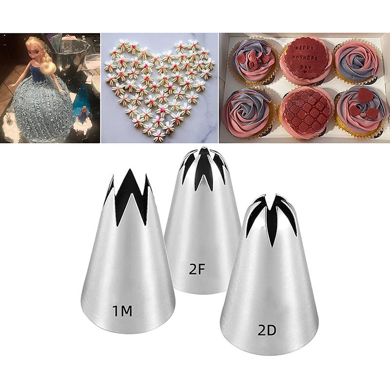 Set of 3 large icing piping tips including the 1M, 2D, and 2F designs for cake and cupcake decoration. This kit also includes star, drop flower, and rose petal frosting tips, perfect for pastry nozzles. These baking tools are a must-have for any kitchen