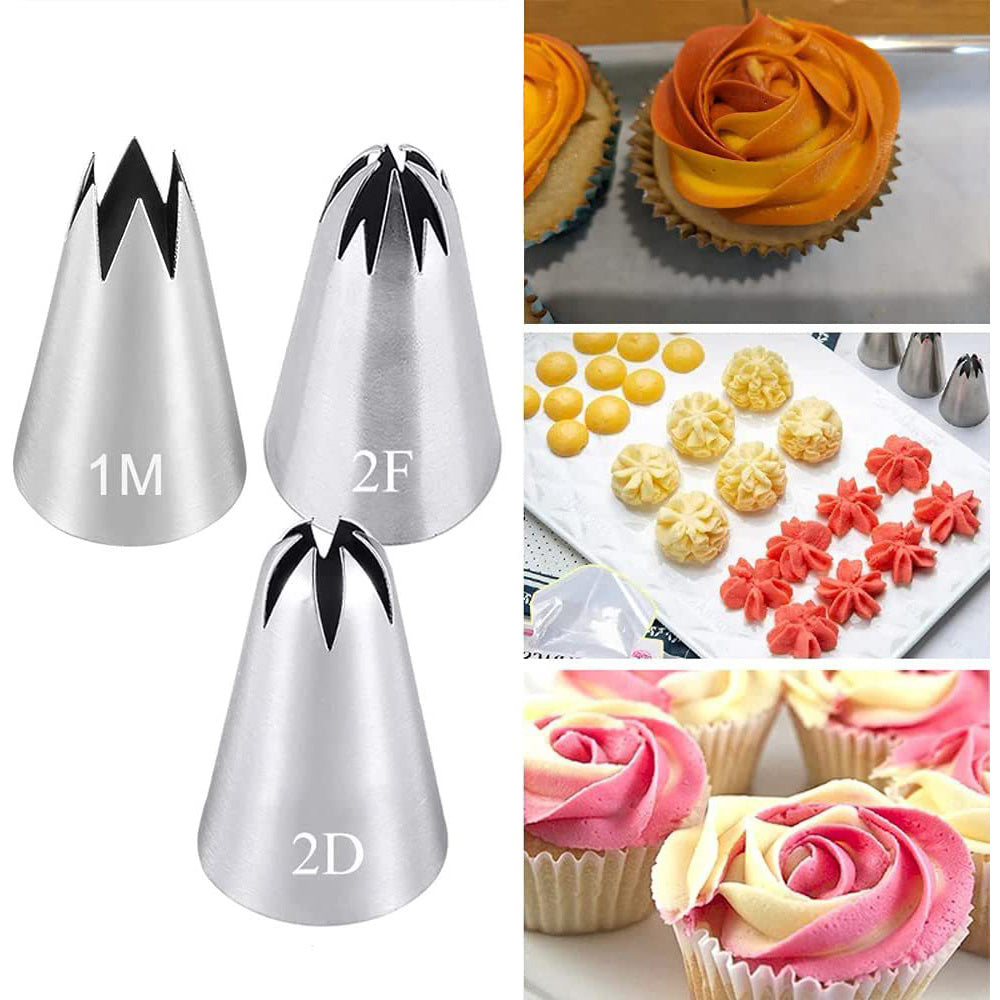 Set of 3 large icing piping tips including the 1M, 2D, and 2F designs for cake and cupcake decoration. This kit also includes star, drop flower, and rose petal frosting tips, perfect for pastry nozzles. These baking tools are a must-have for any kitchen