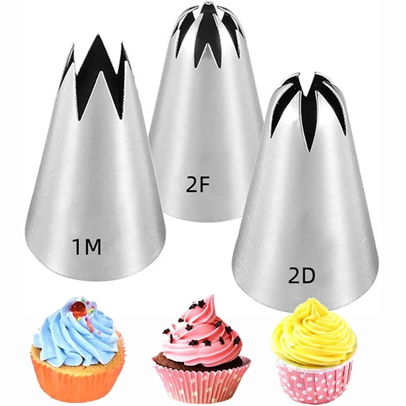 Set of 3 large icing piping tips including the 1M, 2D, and 2F designs for cake and cupcake decoration. This kit also includes star, drop flower, and rose petal frosting tips, perfect for pastry nozzles. These baking tools are a must-have for any kitchen