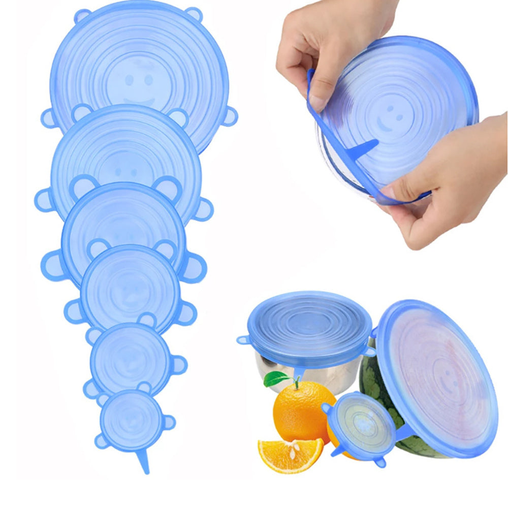 A set of 6 Silicone Stretch Lids for food bowls, reusable food covers for saving leftovers, versatile covers for fruits and vegetables, sealed storage for preserving freshness, ideal for storing fruits and veggies, a reusable kitchen essential.