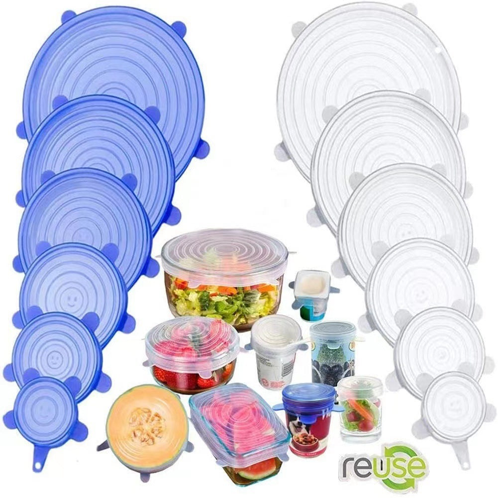 A set of 6 Silicone Stretch Lids for food bowls, reusable food covers for saving leftovers, versatile covers for fruits and vegetables, sealed storage for preserving freshness, ideal for storing fruits and veggies, a reusable kitchen essential.