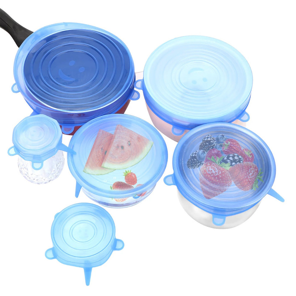 A set of 6 Silicone Stretch Lids for food bowls, reusable food covers for saving leftovers, versatile covers for fruits and vegetables, sealed storage for preserving freshness, ideal for storing fruits and veggies, a reusable kitchen essential.