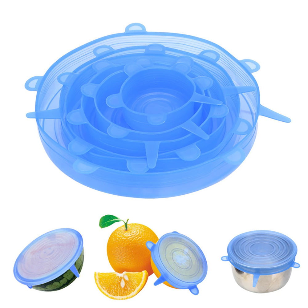 A set of 6 Silicone Stretch Lids for food bowls, reusable food covers for saving leftovers, versatile covers for fruits and vegetables, sealed storage for preserving freshness, ideal for storing fruits and veggies, a reusable kitchen essential.