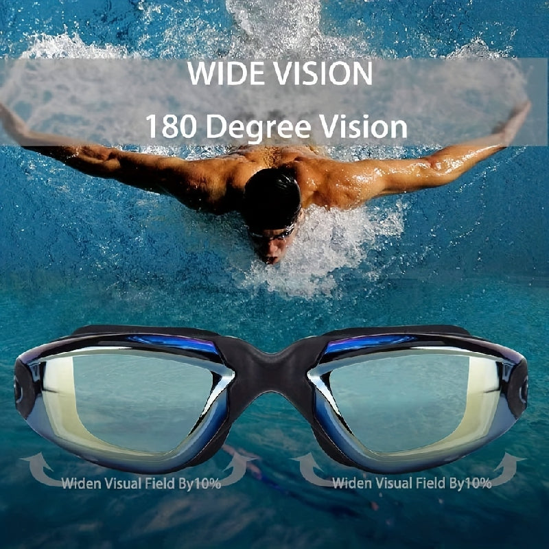 Large frame electroplating waterproof swimming goggles for men and women, in high definition.