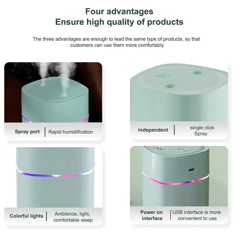 600ml Ultrasonic Mini Air Humidifier with Cool Mist Double Spray, Aroma Diffuser, Push Button Control, Night Light, and Atomization. USB Powered for use in Car, Home, Office, and Yoga.