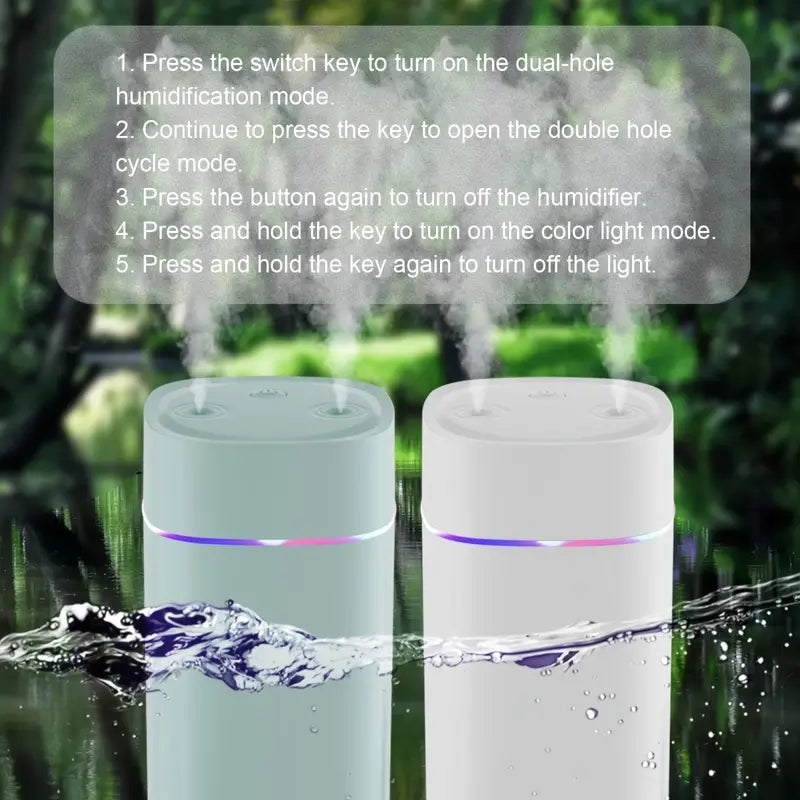 600ml Ultrasonic Mini Air Humidifier with Cool Mist Double Spray, Aroma Diffuser, Push Button Control, Night Light, and Atomization. USB Powered for use in Car, Home, Office, and Yoga.