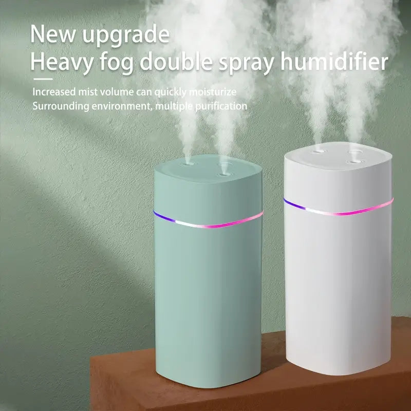 600ml Ultrasonic Mini Air Humidifier with Cool Mist Double Spray, Aroma Diffuser, Push Button Control, Night Light, and Atomization. USB Powered for use in Car, Home, Office, and Yoga.