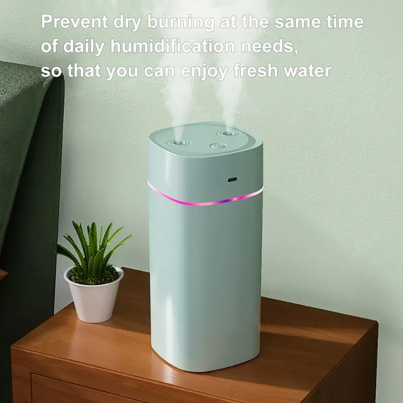 600ml Ultrasonic Mini Air Humidifier with Cool Mist Double Spray, Aroma Diffuser, Push Button Control, Night Light, and Atomization. USB Powered for use in Car, Home, Office, and Yoga.