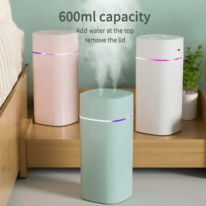 600ml Ultrasonic Mini Air Humidifier with Cool Mist Double Spray, Aroma Diffuser, Push Button Control, Night Light, and Atomization. USB Powered for use in Car, Home, Office, and Yoga.