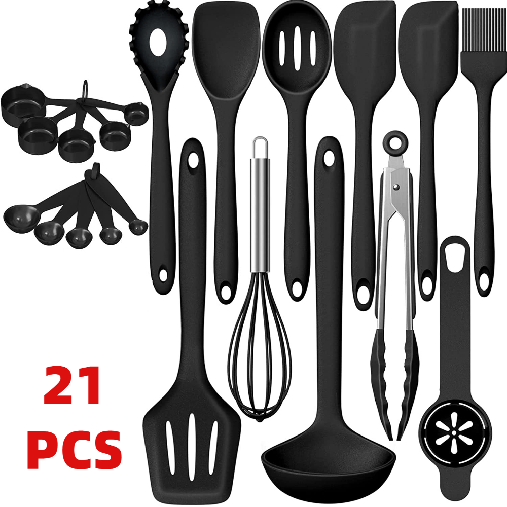 A set of 21 pieces, including a variety of essential kitchen utensils made of non-stick silicone. This set includes tools such as a cooking turner, soup spoon, whisk, pasta spoon, tongs, oil brush, cream spatula, measuring spoon, egg separator, and more.