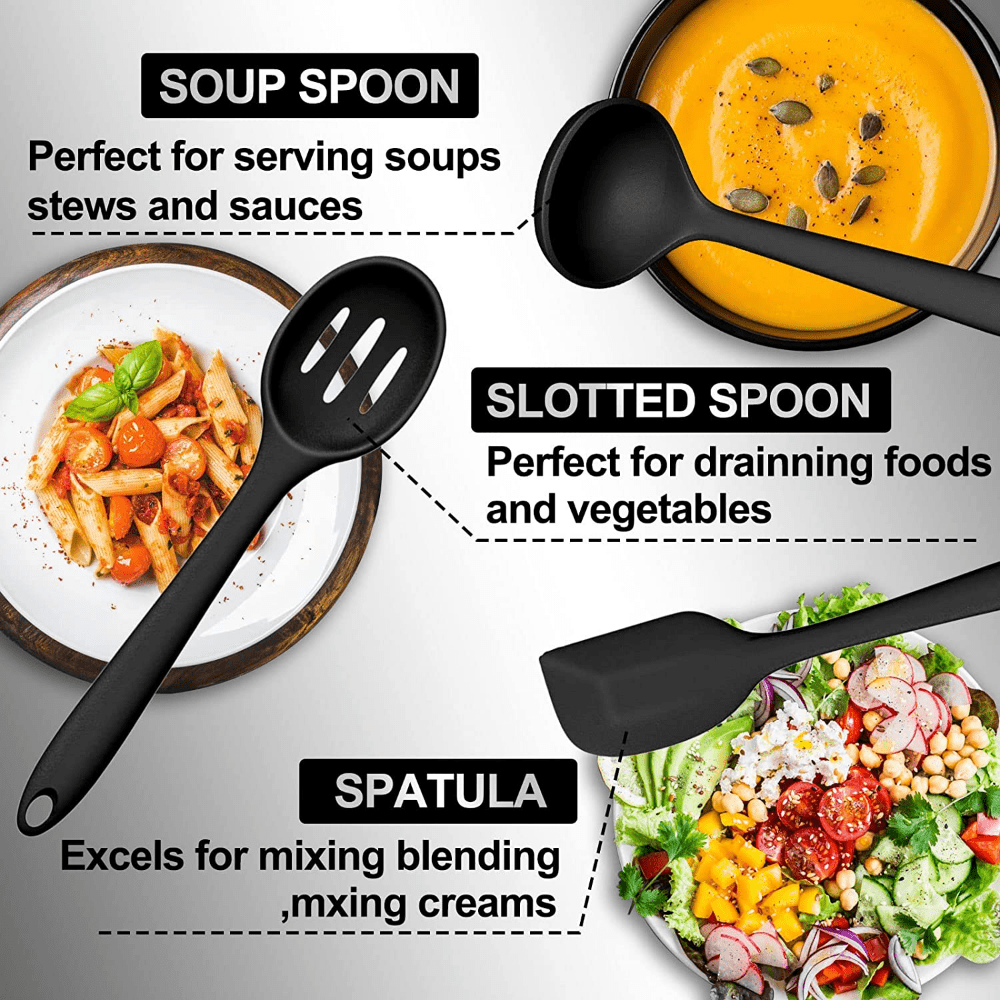 A set of 21 pieces, including a variety of essential kitchen utensils made of non-stick silicone. This set includes tools such as a cooking turner, soup spoon, whisk, pasta spoon, tongs, oil brush, cream spatula, measuring spoon, egg separator, and more.