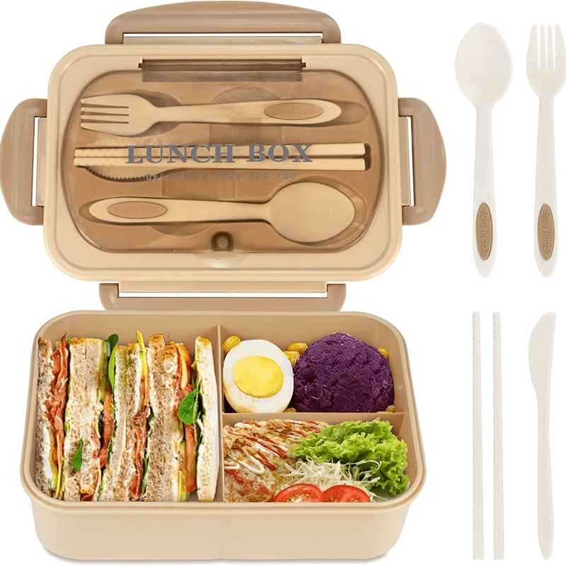 Beige Bento Lunch Box for Adults & Students - Leakproof, BPA-Free with 3 Compartments, Includes Wooden Utensils & Spill-Proof Lid - Microwave Safe, Perfect for Healthy Meal Prep & Portion Control - 1000ml Capacity