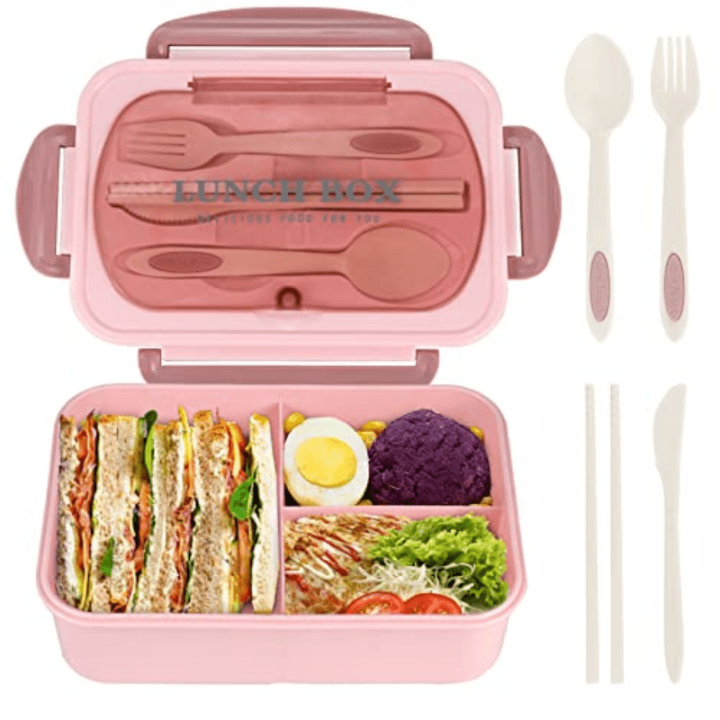 Beige Bento Lunch Box for Adults & Students - Leakproof, BPA-Free with 3 Compartments, Includes Wooden Utensils & Spill-Proof Lid - Microwave Safe, Perfect for Healthy Meal Prep & Portion Control - 1000ml Capacity