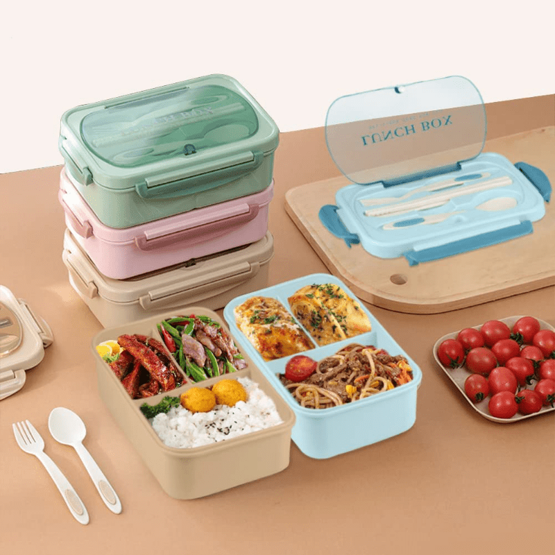 Beige Bento Lunch Box for Adults & Students - Leakproof, BPA-Free with 3 Compartments, Includes Wooden Utensils & Spill-Proof Lid - Microwave Safe, Perfect for Healthy Meal Prep & Portion Control - 1000ml Capacity