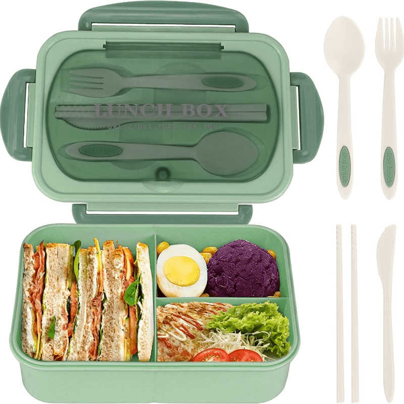 Beige Bento Lunch Box for Adults & Students - Leakproof, BPA-Free with 3 Compartments, Includes Wooden Utensils & Spill-Proof Lid - Microwave Safe, Perfect for Healthy Meal Prep & Portion Control - 1000ml Capacity