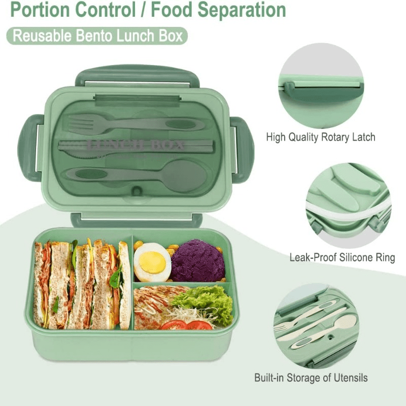 Beige Bento Lunch Box for Adults & Students - Leakproof, BPA-Free with 3 Compartments, Includes Wooden Utensils & Spill-Proof Lid - Microwave Safe, Perfect for Healthy Meal Prep & Portion Control - 1000ml Capacity