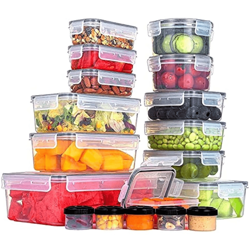 Food storage containers with various sizes and combinations, including lids, crispers, and microwave-safe options. These containers are perfect for storing fruits and ensuring food safety in the refrigerator. Ranging from 14 oz to 85 oz, they are made