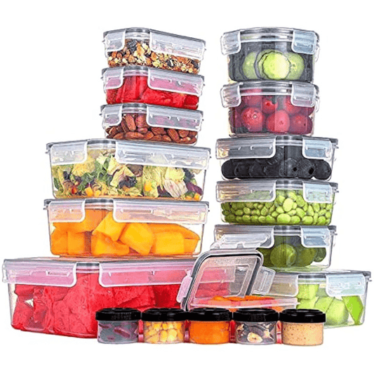 Food storage containers with various sizes and combinations, including lids, crispers, and microwave-safe options. These containers are perfect for storing fruits and ensuring food safety in the refrigerator. Ranging from 14 oz to 85 oz, they are made