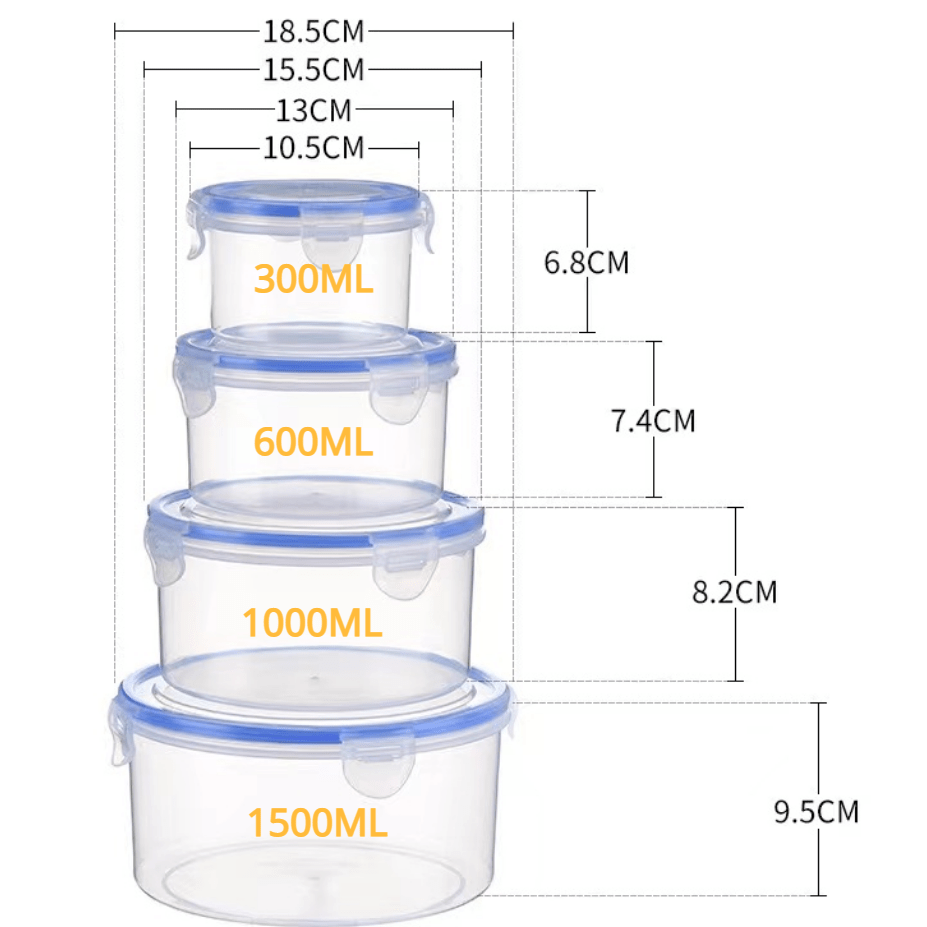 Food storage containers with various sizes and combinations, including lids, crispers, and microwave-safe options. These containers are perfect for storing fruits and ensuring food safety in the refrigerator. Ranging from 14 oz to 85 oz, they are made