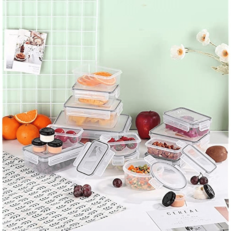 Food storage containers with various sizes and combinations, including lids, crispers, and microwave-safe options. These containers are perfect for storing fruits and ensuring food safety in the refrigerator. Ranging from 14 oz to 85 oz, they are made