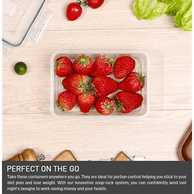 Food storage containers with various sizes and combinations, including lids, crispers, and microwave-safe options. These containers are perfect for storing fruits and ensuring food safety in the refrigerator. Ranging from 14 oz to 85 oz, they are made