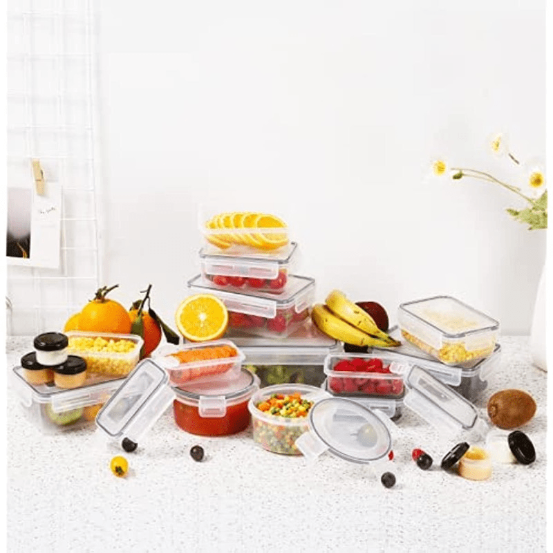 Food storage containers with various sizes and combinations, including lids, crispers, and microwave-safe options. These containers are perfect for storing fruits and ensuring food safety in the refrigerator. Ranging from 14 oz to 85 oz, they are made