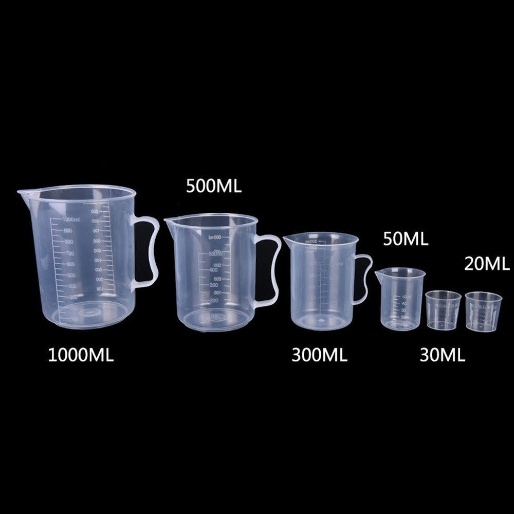 Set of 6 Clear Plastic Measuring Cups for Baking, Graduated Liquid Jugs with Pour Spout, Kitchen Essential - Includes 20ml, 30ml, 50ml, 300ml, 500ml, and 1000ml Sizes