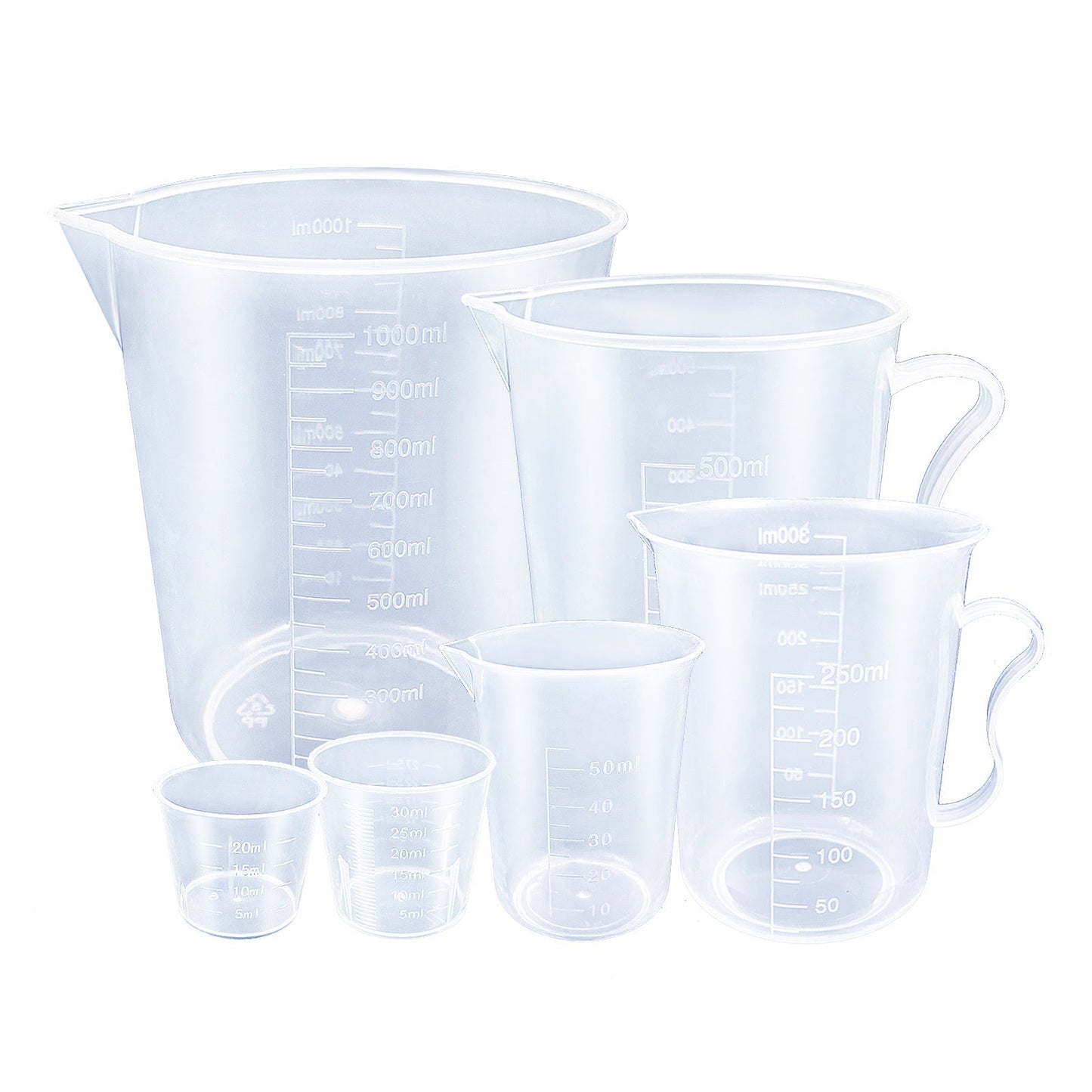 Set of 6 Clear Plastic Measuring Cups for Baking, Graduated Liquid Jugs with Pour Spout, Kitchen Essential - Includes 20ml, 30ml, 50ml, 300ml, 500ml, and 1000ml Sizes