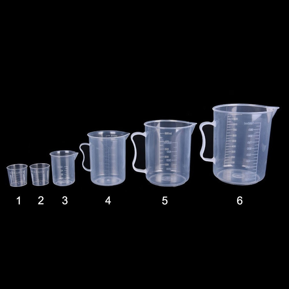 Set of 6 Clear Plastic Measuring Cups for Baking, Graduated Liquid Jugs with Pour Spout, Kitchen Essential - Includes 20ml, 30ml, 50ml, 300ml, 500ml, and 1000ml Sizes