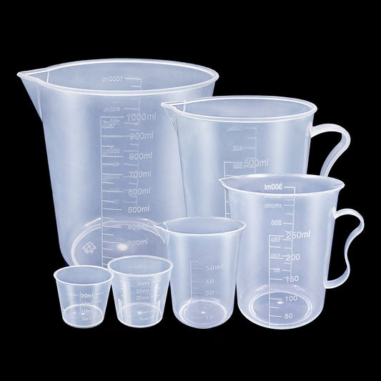 Set of 6 Clear Plastic Measuring Cups for Baking, Graduated Liquid Jugs with Pour Spout, Kitchen Essential - Includes 20ml, 30ml, 50ml, 300ml, 500ml, and 1000ml Sizes