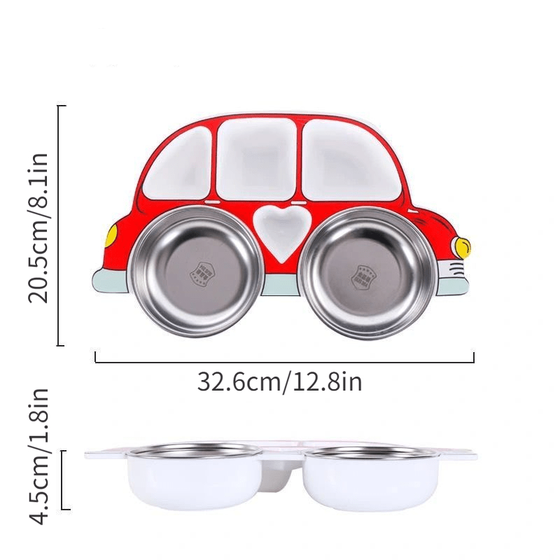 Set of 4 divided grid dinner plates with lids, made of 304 stainless steel. Features cartoon car design and anti-fall properties, suitable for children.