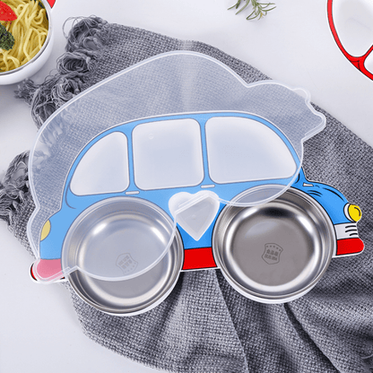 Set of 4 divided grid dinner plates with lids, made of 304 stainless steel. Features cartoon car design and anti-fall properties, suitable for children.