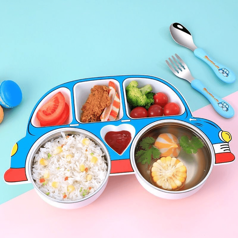 Set of 4 divided grid dinner plates with lids, made of 304 stainless steel. Features cartoon car design and anti-fall properties, suitable for children.