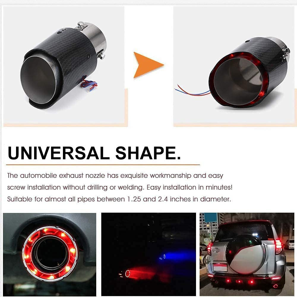 1pc carbon fiber exhaust tip with LED lights, stainless steel exhaust pipe modification.