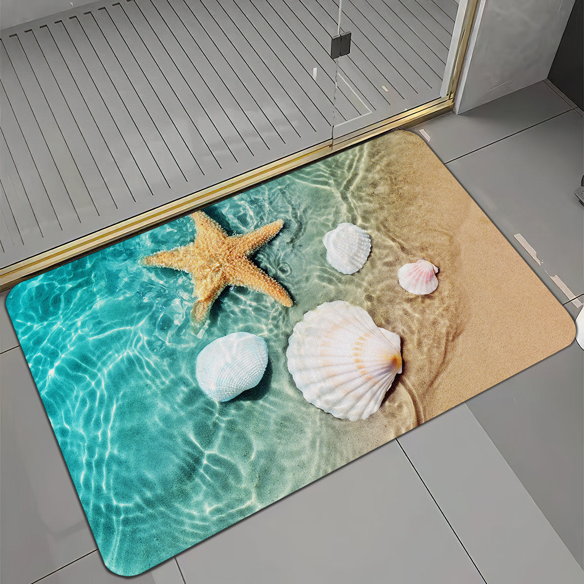 Bright 3D Print Non-Slip Bath Rug made of Sponge Foam and Durable Flannel Material, featuring a Seashell Print design. Perfect for use in the Laundry Room and Kitchen, with Beach Starfish and Scallop Decor.