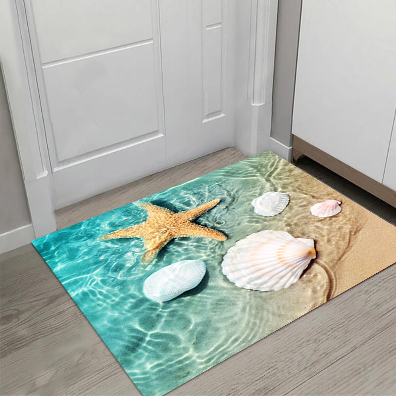 Bright 3D Print Non-Slip Bath Rug made of Sponge Foam and Durable Flannel Material, featuring a Seashell Print design. Perfect for use in the Laundry Room and Kitchen, with Beach Starfish and Scallop Decor.