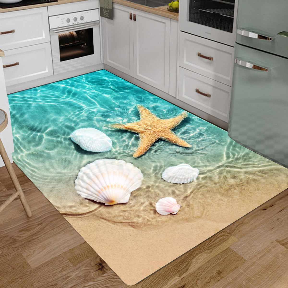 Bright 3D Print Non-Slip Bath Rug made of Sponge Foam and Durable Flannel Material, featuring a Seashell Print design. Perfect for use in the Laundry Room and Kitchen, with Beach Starfish and Scallop Decor.