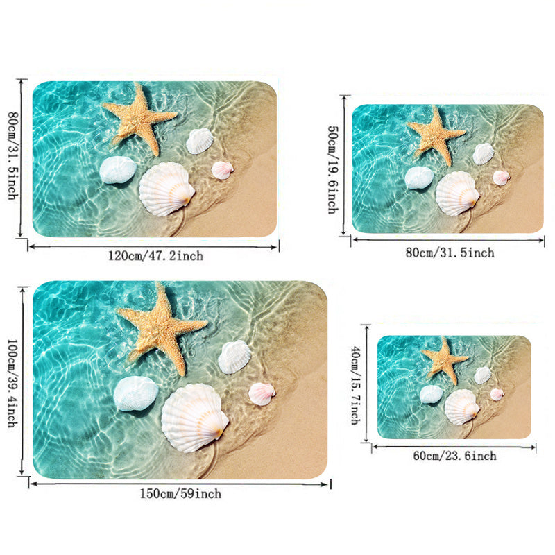 Яркий нескользящий коврик для ванной с 3D-принтом из губчатой пены и прочного фланелевого материала с рисунком ракушек. Идеально подходит для использования в прачечной и на кухне, с декором в виде морских звезд и гребешков.