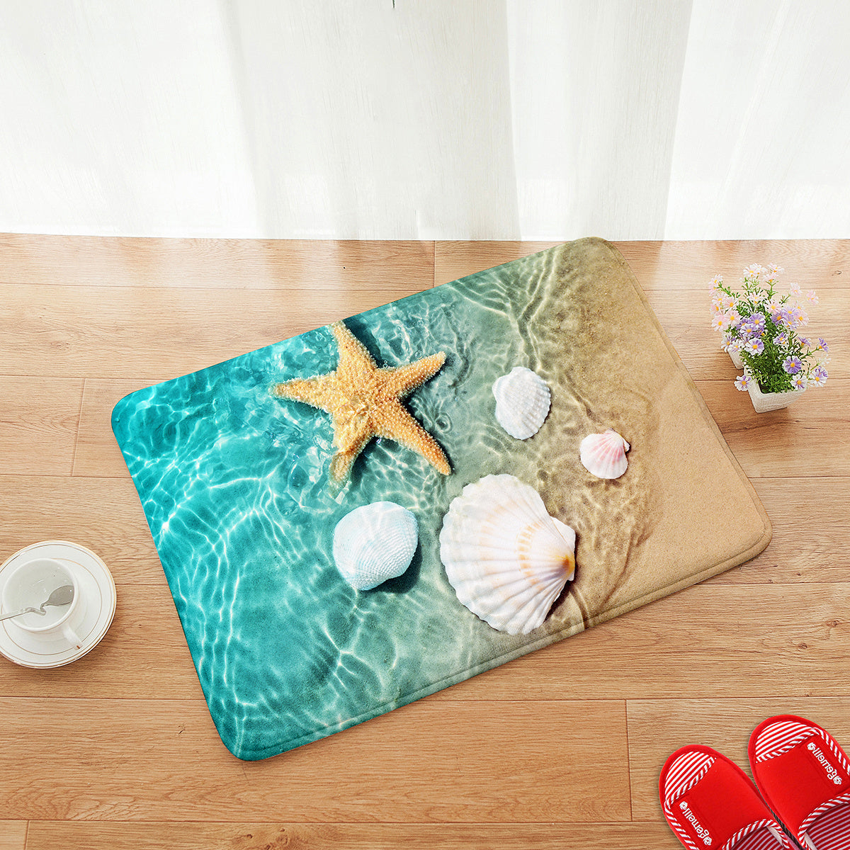 Bright 3D Print Non-Slip Bath Rug made of Sponge Foam and Durable Flannel Material, featuring a Seashell Print design. Perfect for use in the Laundry Room and Kitchen, with Beach Starfish and Scallop Decor.