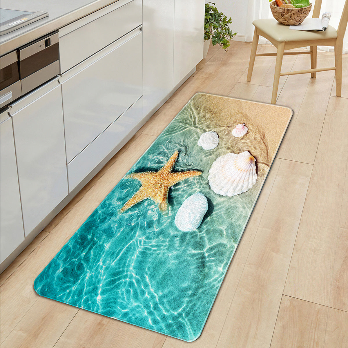 Bright 3D Print Non-Slip Bath Rug made of Sponge Foam and Durable Flannel Material, featuring a Seashell Print design. Perfect for use in the Laundry Room and Kitchen, with Beach Starfish and Scallop Decor.