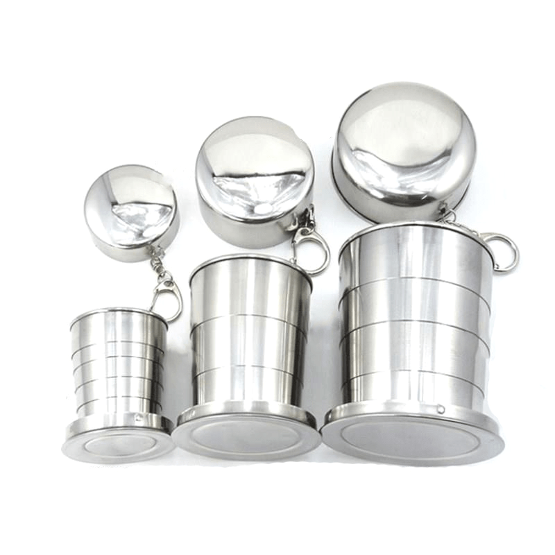 Stainless steel folding cup with keychain, retractable and portable. Ideal for camping and outdoor activities.