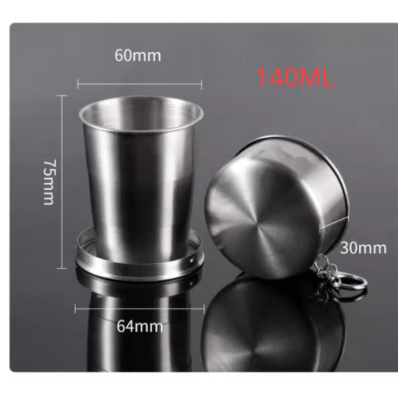 Stainless steel folding cup with keychain, retractable and portable. Ideal for camping and outdoor activities.