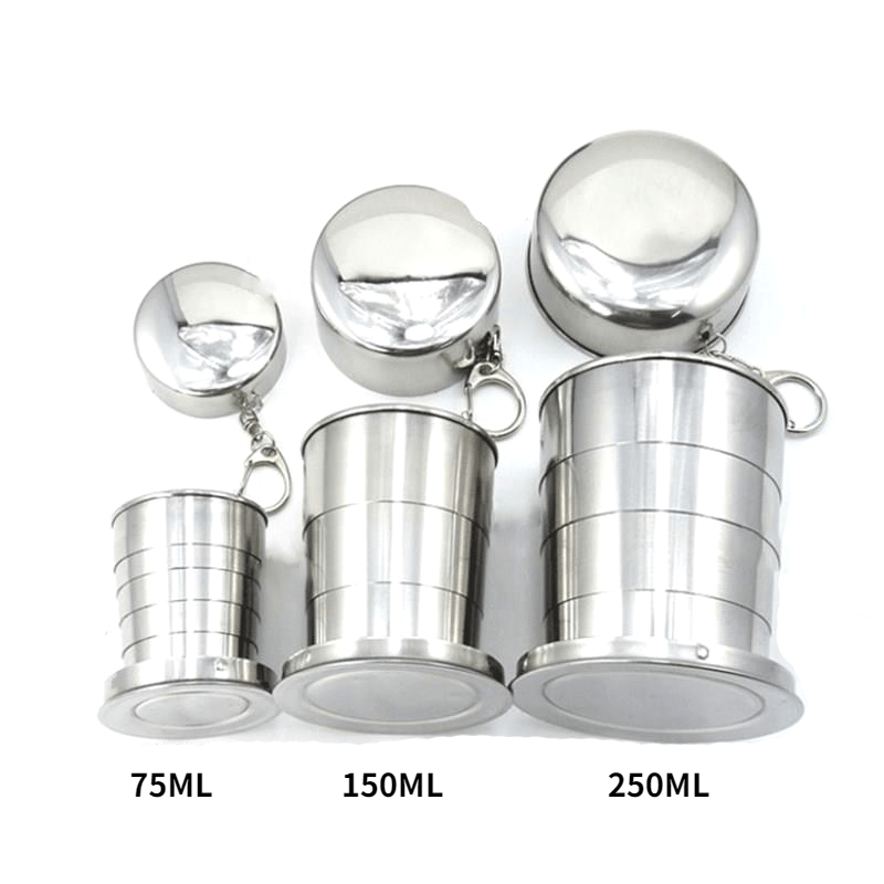 Stainless steel folding cup with keychain, retractable and portable. Ideal for camping and outdoor activities.