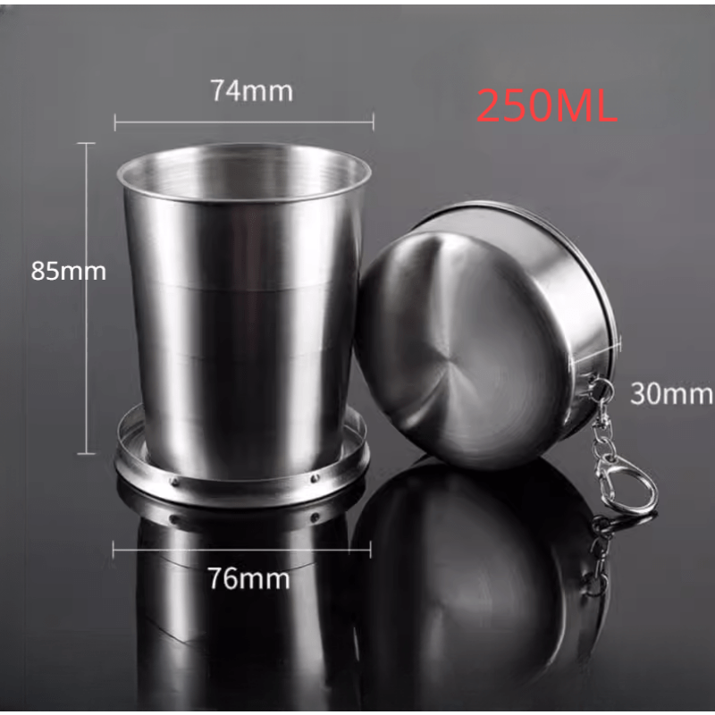 Stainless steel folding cup with keychain, retractable and portable. Ideal for camping and outdoor activities.