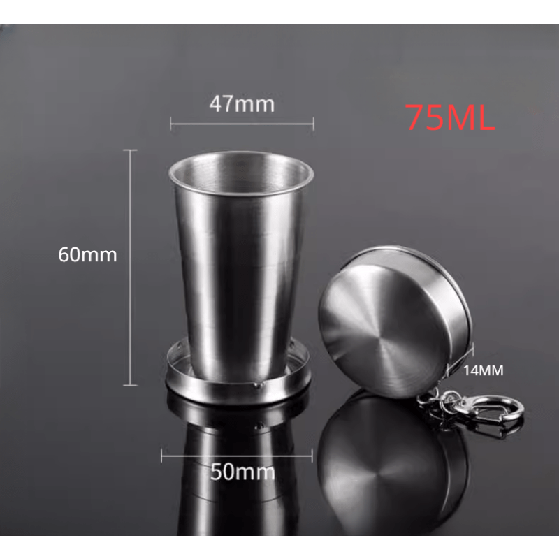 Stainless steel folding cup with keychain, retractable and portable. Ideal for camping and outdoor activities.