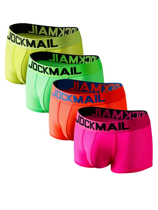 4 JOCKMAIL Men's Neon Low-Waist Boxer Briefs - Breathable Mesh & Quick-Dry Microfiber, Elastic Waistband, Vibrant Colors with "JOCKMAIL" Print - Perfect for Sports & Casual Wear.