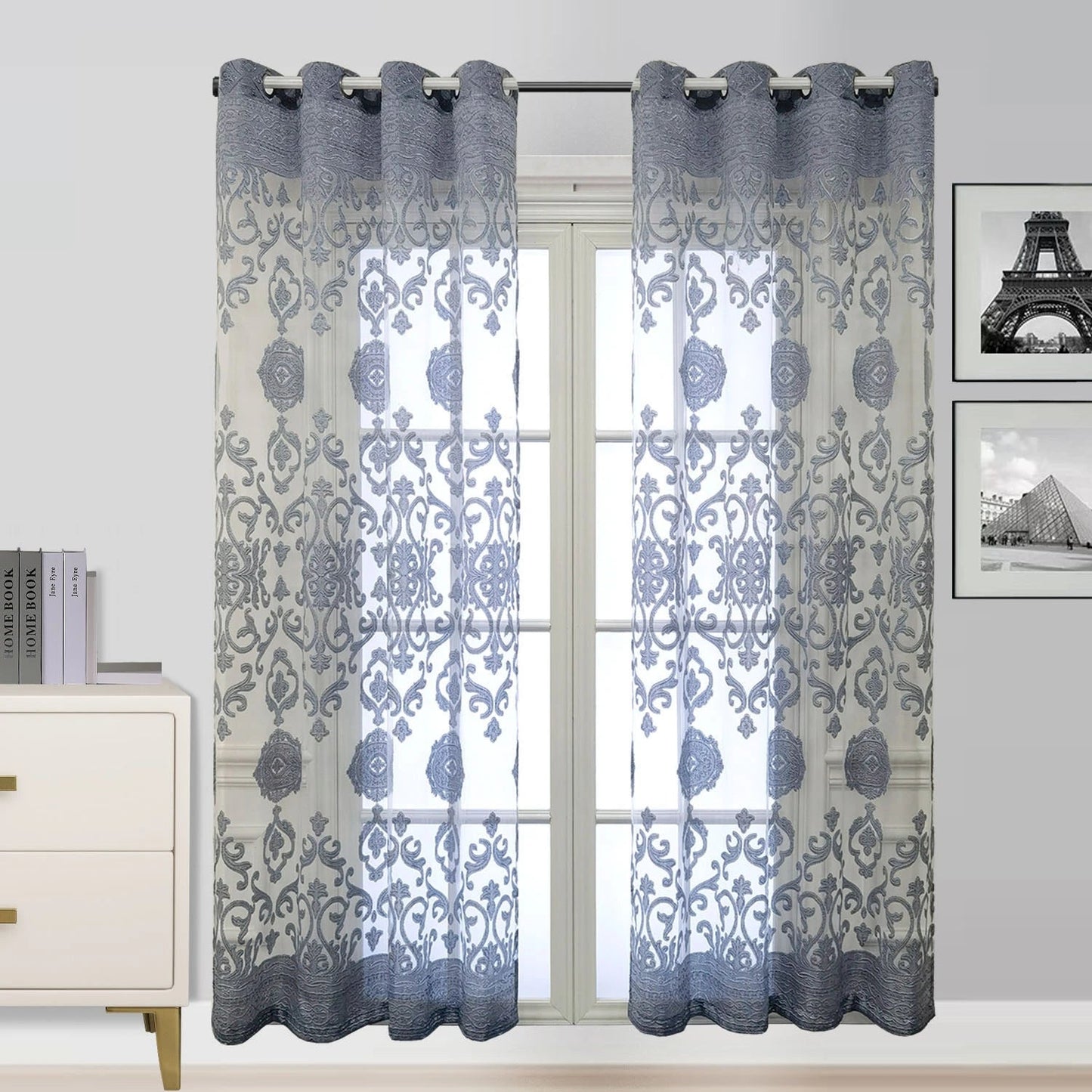 Luxury Sheer Curtains - Featuring Elegant Golden Jacquard Design, Made of Lightweight Polyester Tulle with Grommet Top for Living Room, Bedroom, Sliding Glass Patio. These Modern European Style Window Drapes add a touch of sophistication to any living